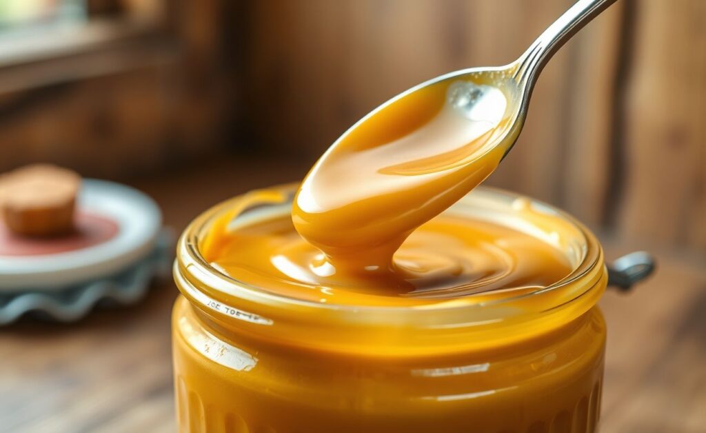 Pote de doce de leite caseiro cremoso com cor caramelizada dourada e textura sedosa, servido com colher em fundo rústico