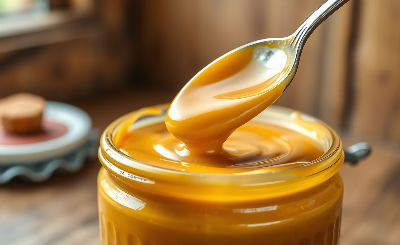 Pote de doce de leite caseiro cremoso com cor caramelizada dourada e textura sedosa, servido com colher em fundo rústico