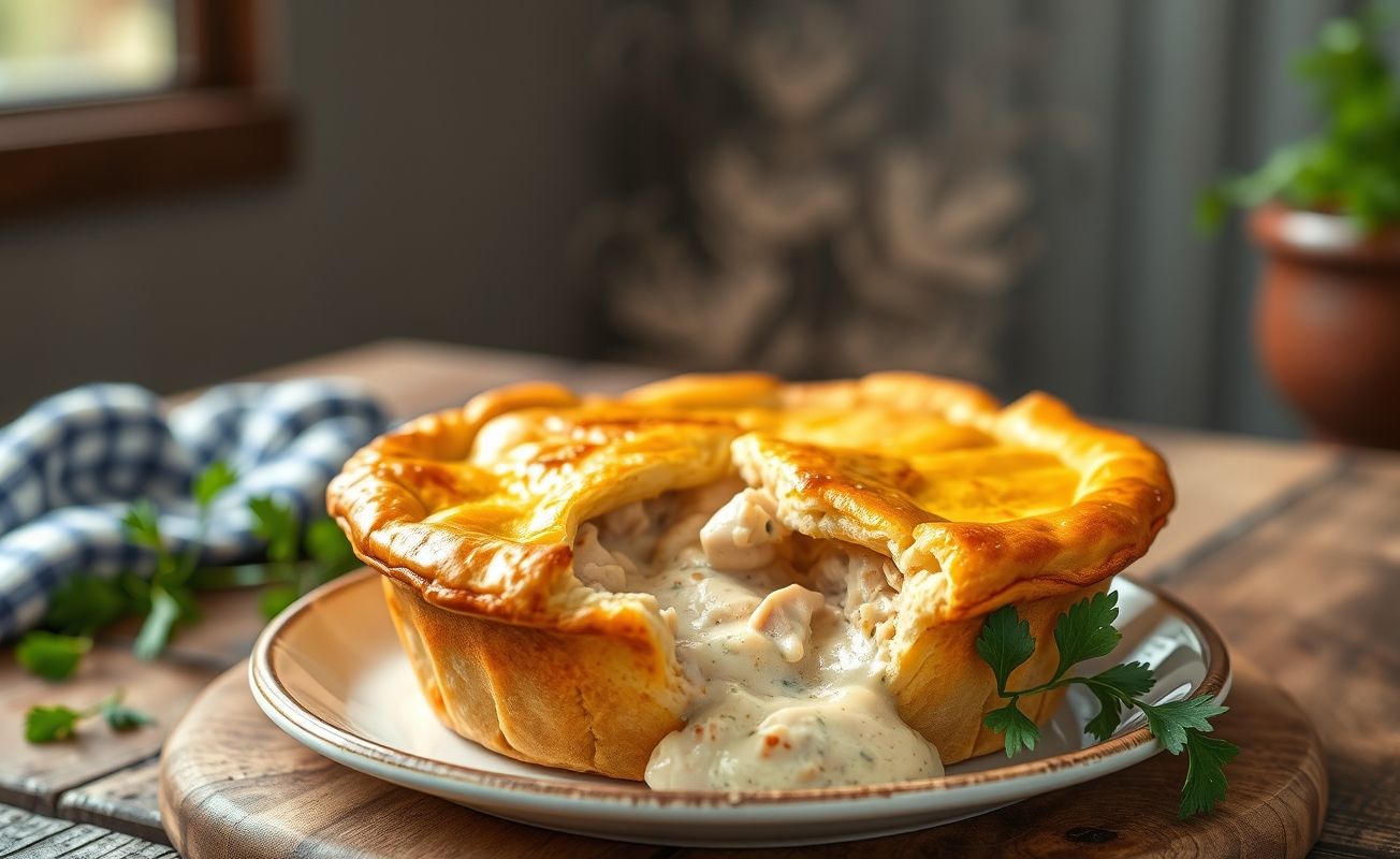 Empadão de Frango dourado com massa crocante e recheio cremoso visível, decorado com salsa fresca
