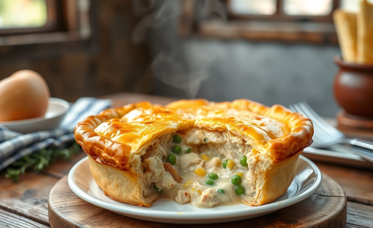 Empadão de Frango recém-saído do forno com massa folhada dourada e recheio cremoso visível com pedaços de frango, milho e ervilhas