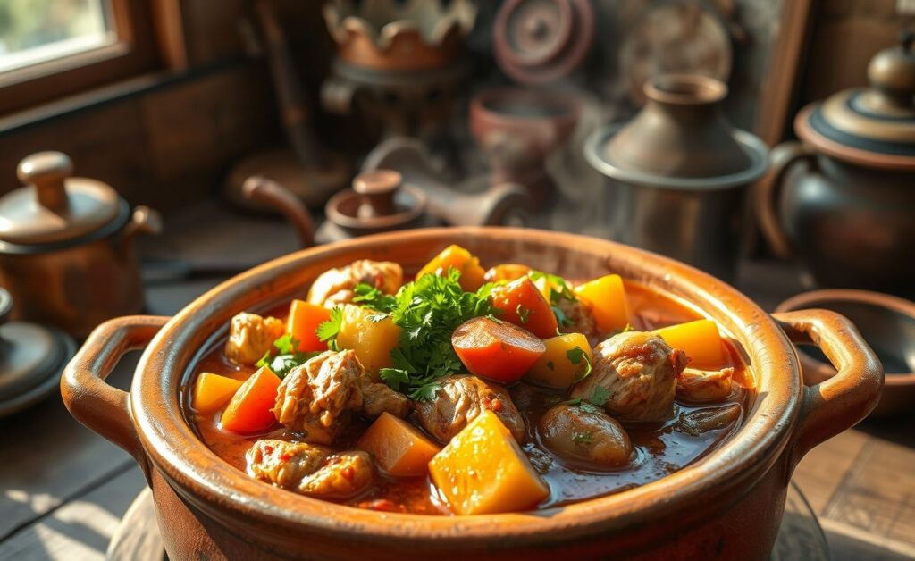 Ensopado de frango servido em panela de barro com pedaços suculentos de frango, batata, cenoura e molho encorpado, decorado com salsinha fresca.