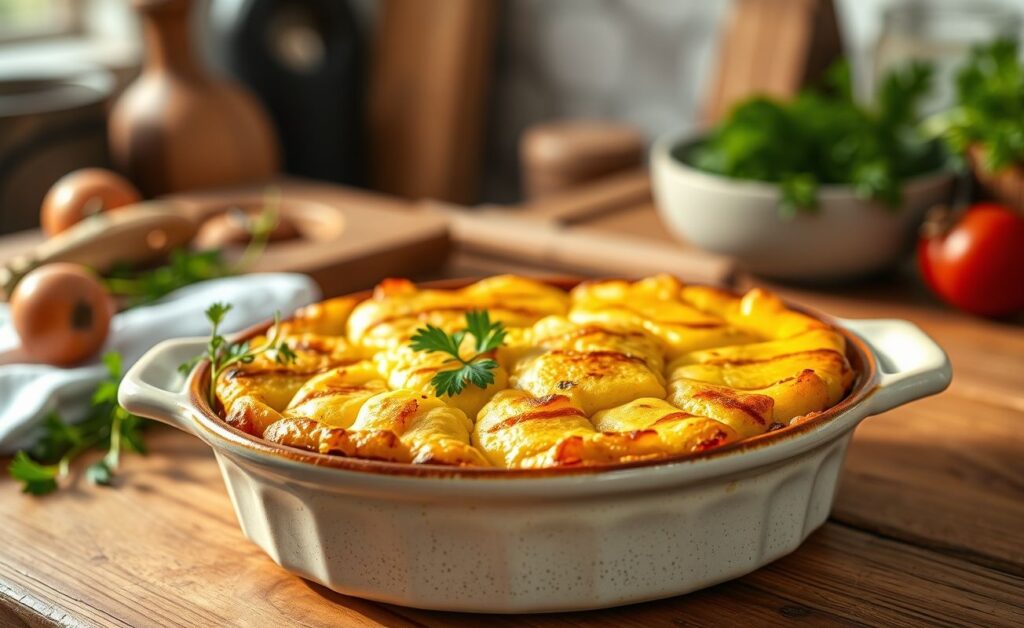 Escondidinho De Carne (Cottage Pie) servido em travessa, com purê de batata dourado cobrindo recheio de carne moída, decorado com salsa fresca