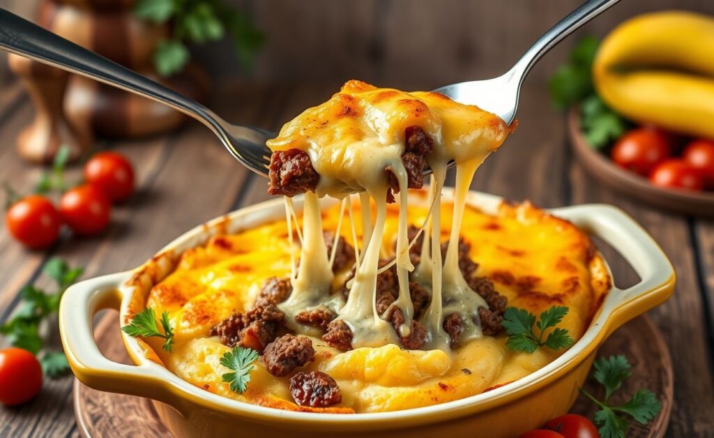 Escondidinho de carne seca servido em travessa com queijo derretido por cima, mostrando camadas de purê de mandioca e carne desfiada, decorado com salsa.