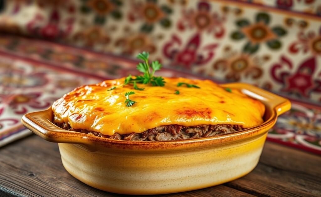 Escondidinho de carne seca servido em travessa com camadas visíveis de purê cremoso e recheio dourado, decorado com queijo derretido e salsinha fresca.