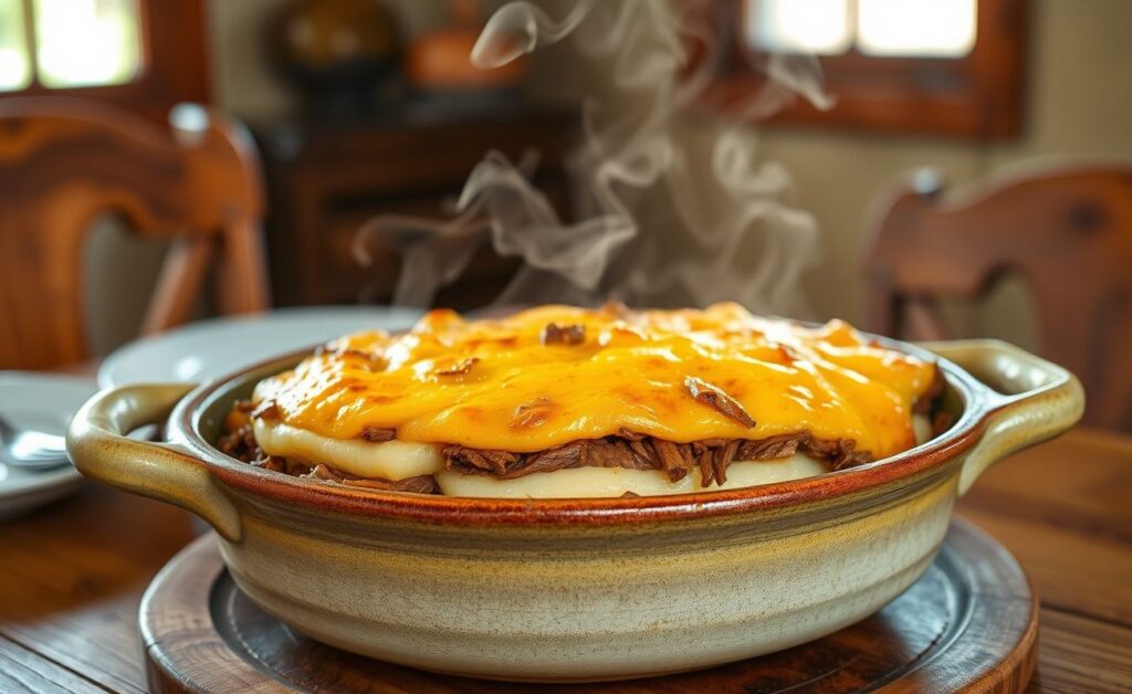 Escondidinho de carne seca servido em travessa, com camadas de purê de mandioca cremoso e carne desfiada, gratinado com queijo derretido por cima.