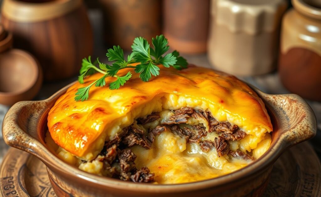 Escondidinho de carne seca servido em travessa, mostrando camadas de purê cremoso e carne desfiada, com queijo gratinado dourado por cima e decorado com salsa fresca.