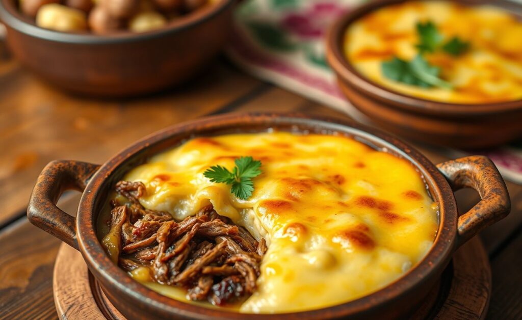 Escondidinho de carne seca servido em travessa de barro, com camadas de purê de mandioca cremoso e carne desfiada visíveis na lateral, finalizado com queijo derretido.