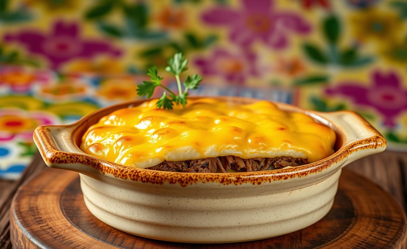 Escondidinho de carne seca servido em travessa com queijo derretido dourado por cima, mostrando camadas de purê cremoso e recheio de carne desfiada