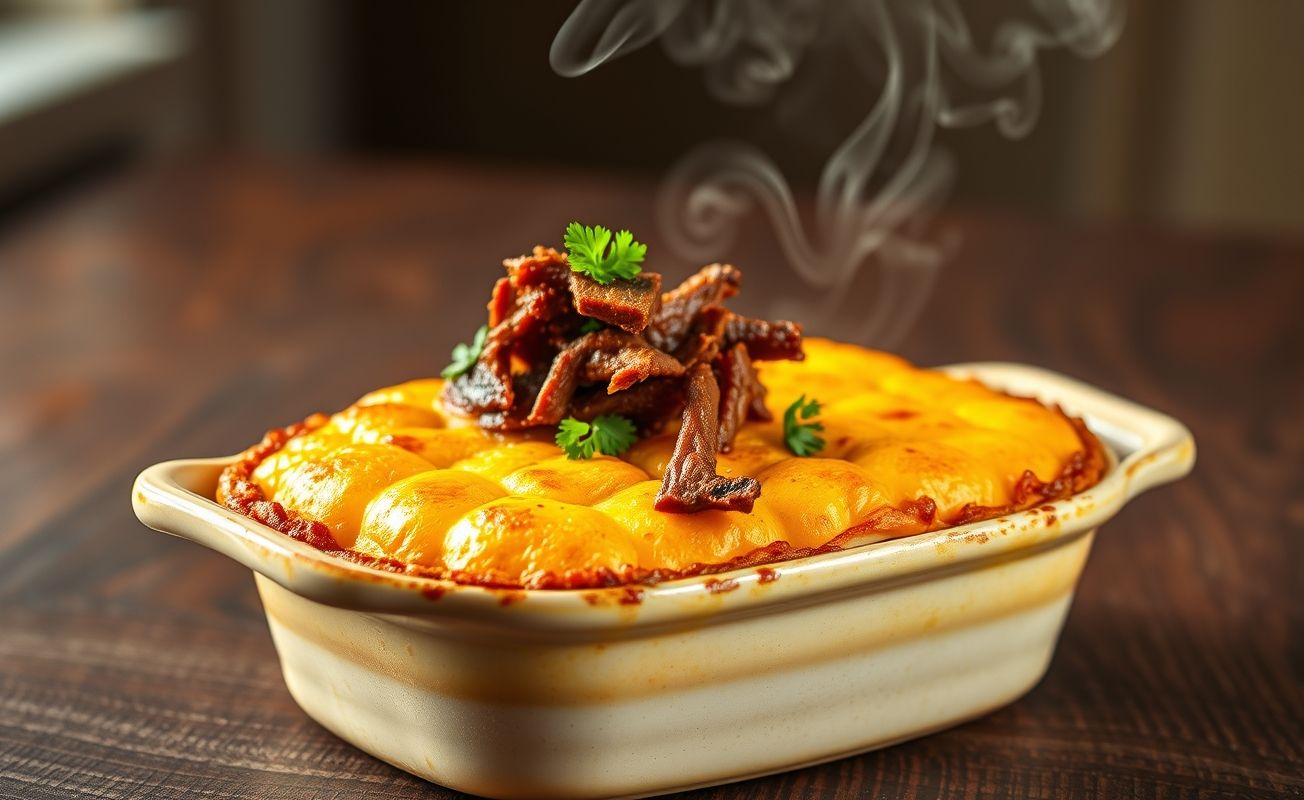Escondidinho de Carne Seca tradicional brasileiro com purê de mandioca cremoso e carne seca desfiada, gratinado com queijo dourado
