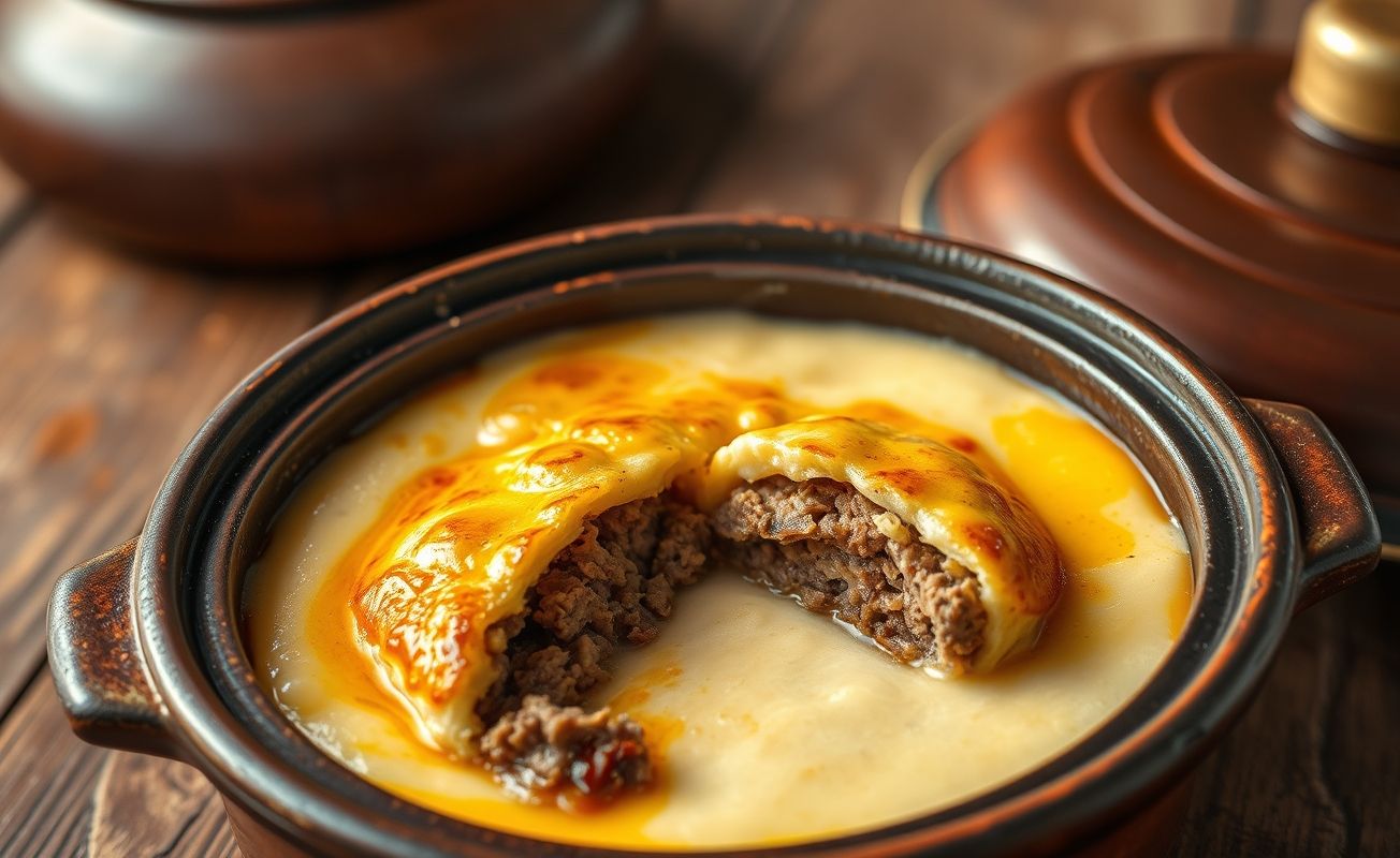 Escondidinho de carne seca tradicional servido em panela de barro, com purê dourado e recheio apetitoso visível