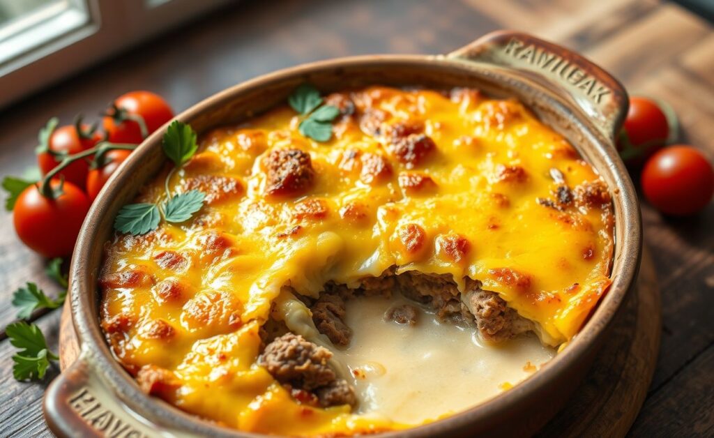 Escondidinho de carne seca servido em travessa cerâmica com queijo gratinado dourado e purê cremoso visível nas laterais, decorado com salsa e tomate cereja