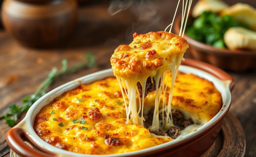 Escondidinho de carne seca servido em refratário com camadas douradas de purê e recheio de carne desfiada visível nas laterais