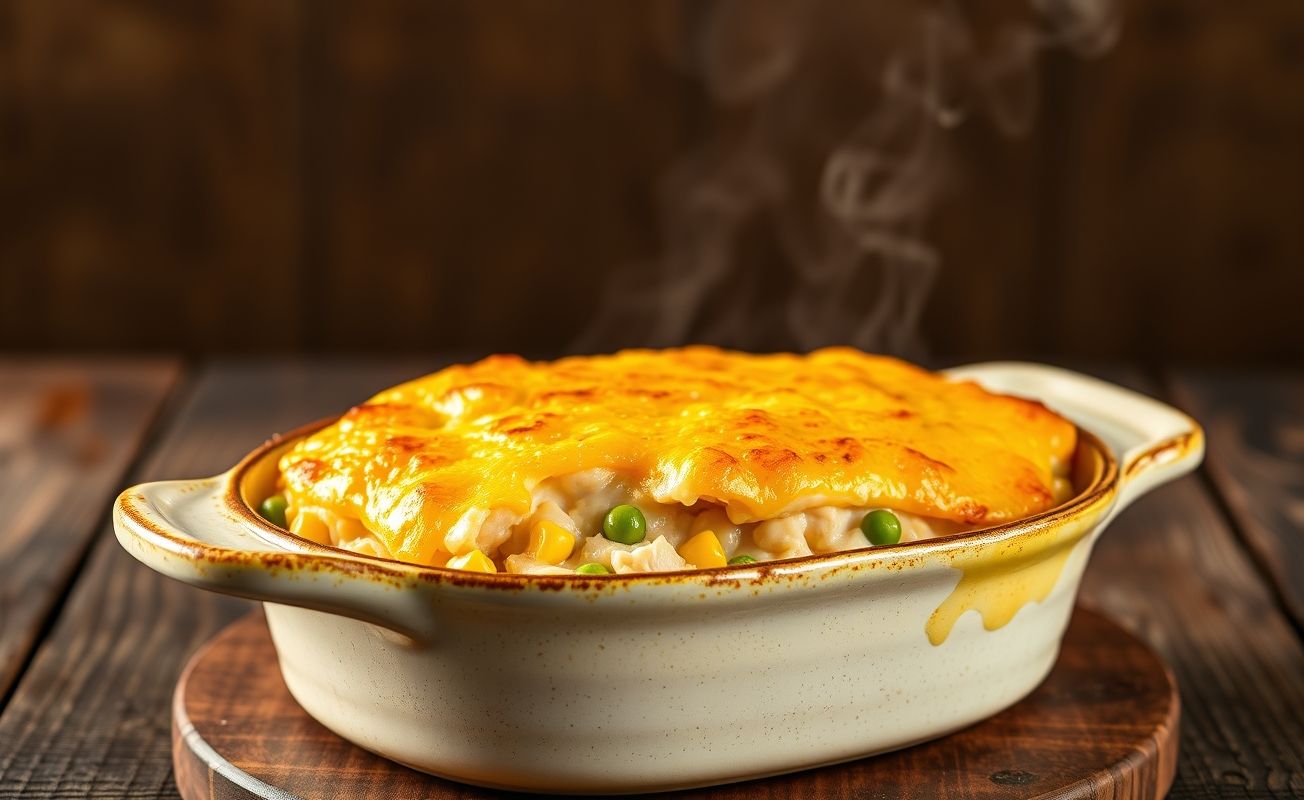 Escondidinho de Frango tradicional em refratário, com queijo gratinado dourado e camadas de purê cremoso visíveis nas laterais