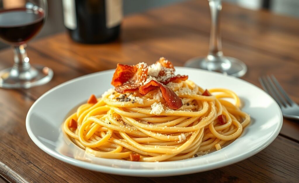 Prato de Espaguete À Carbonara cremoso com pedaços dourados de bacon e queijo parmesão ralado por cima, em fundo rústico