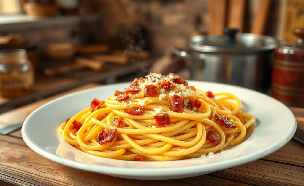 Espaguete à carbonara cremoso com pedaços crocantes de bacon e queijo parmesão ralado, servido em prato branco