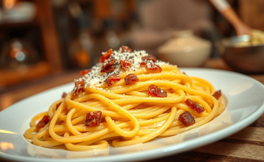 Espaguete à carbonara servido em um prato branco, com molho cremoso, queijo parmesão ralado e pedaços crocantes de bacon por cima.