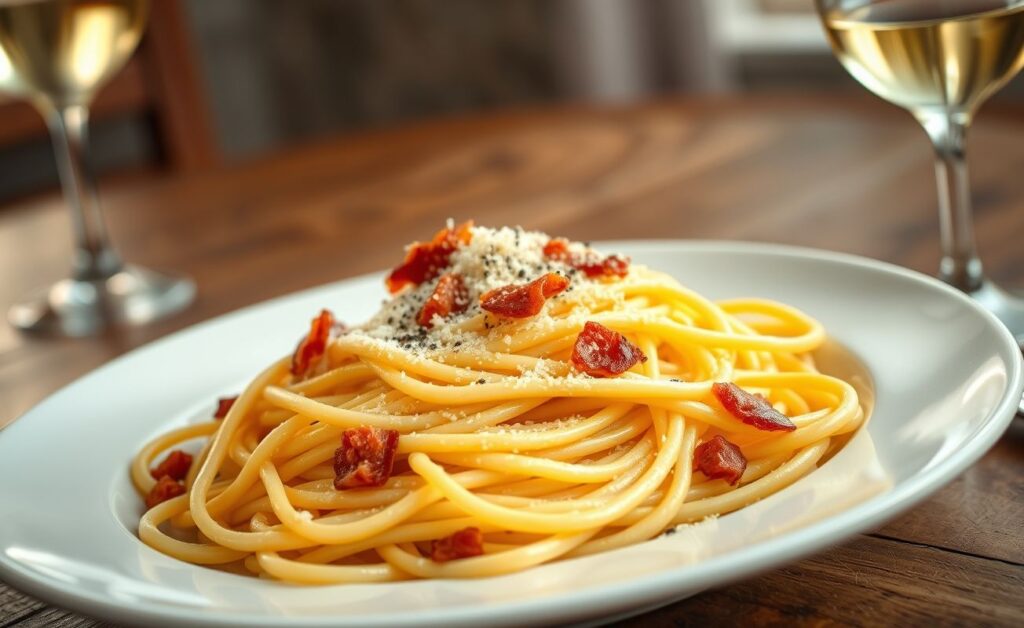 Espaguete à carbonara cremoso com bacon crocante e queijo parmesão ralado por cima, servido em prato branco