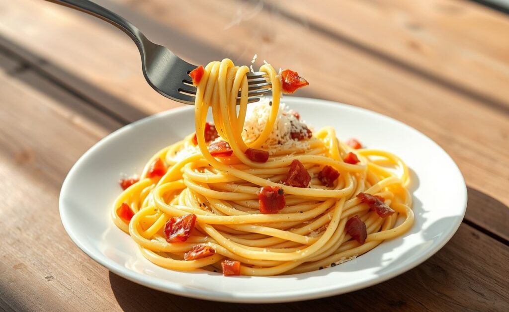 Espaguete à carbonara cremoso com pedaços de bacon crocante e queijo ralado por cima, servido em prato branco