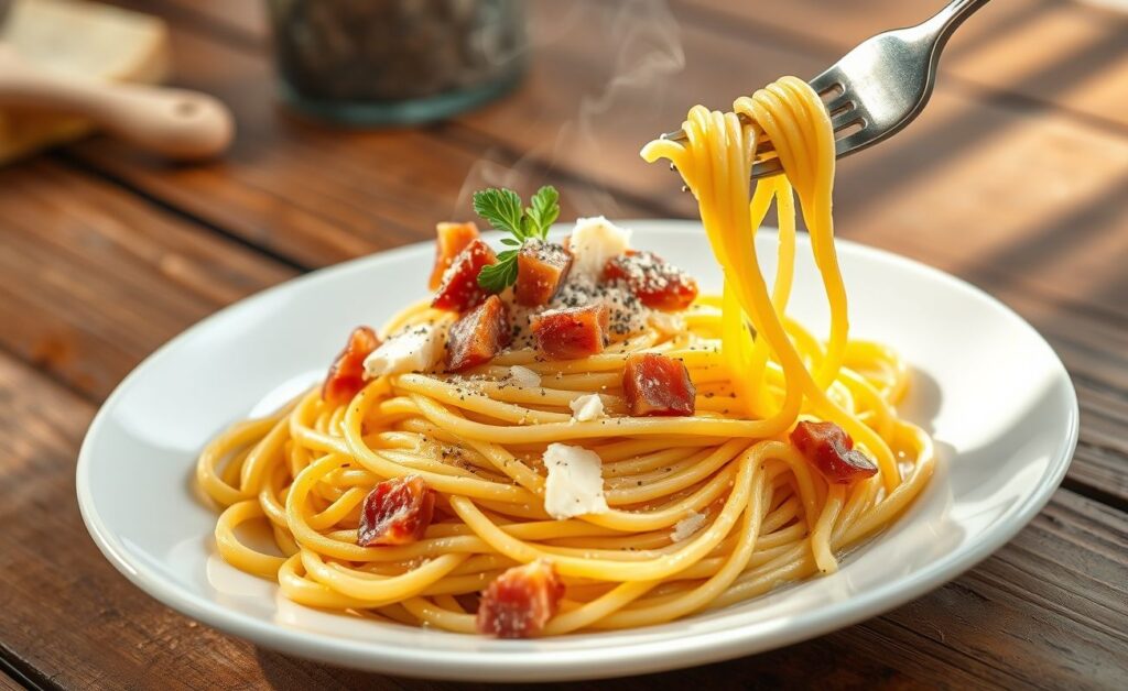 Espaguete à carbonara servido em prato branco com molho cremoso de ovos e queijo, pedaços crocantes de pancetta e queijo ralado por cima
