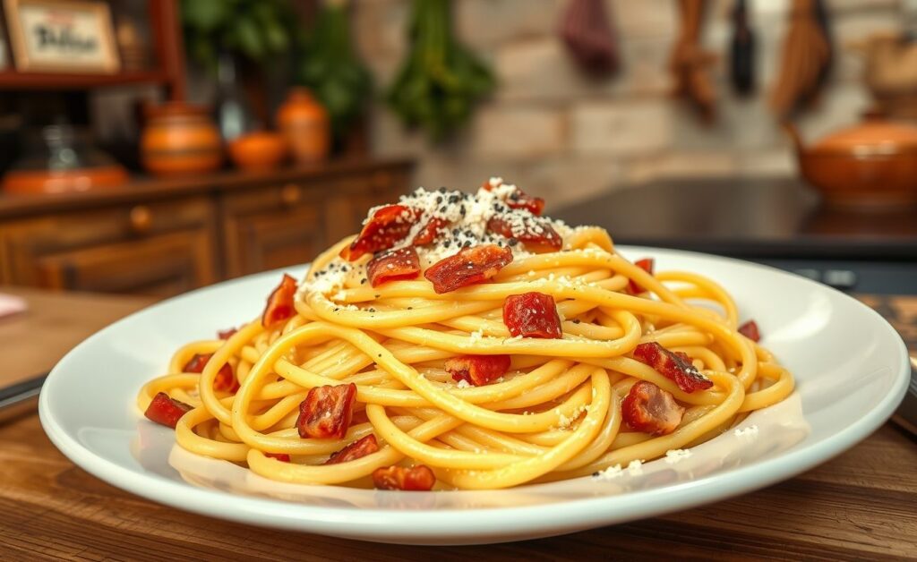 Espaguete à carbonara servido em um prato branco, com molho cremoso, pedaços crocantes de bacon e queijo ralado por cima