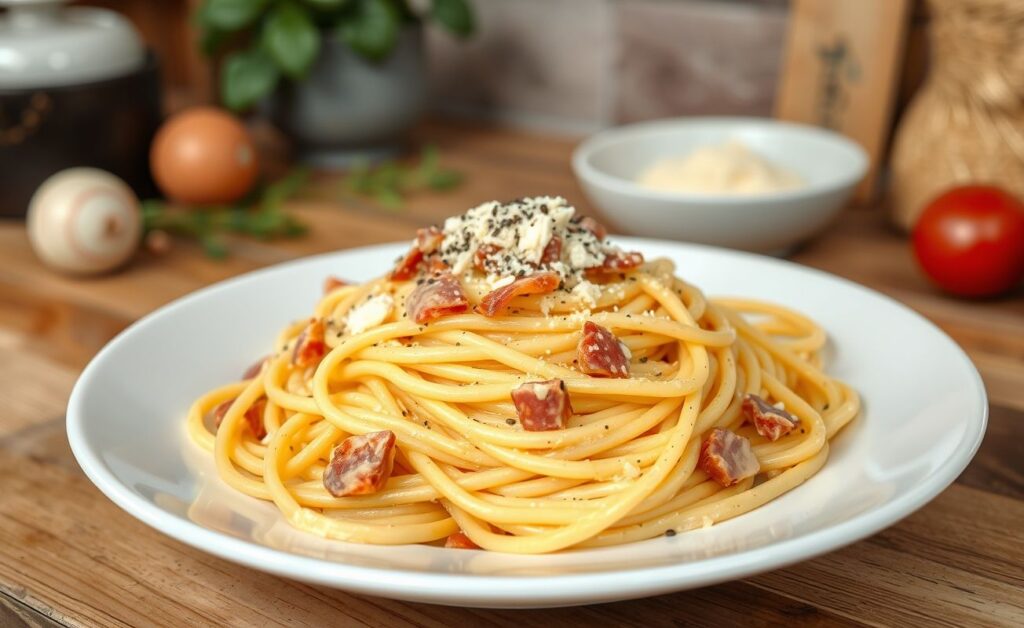 Espaguete À Carbonara cremoso servido em prato branco, com molho cobrindo a massa, pedaços crocantes de pancetta e queijo ralado por cima.