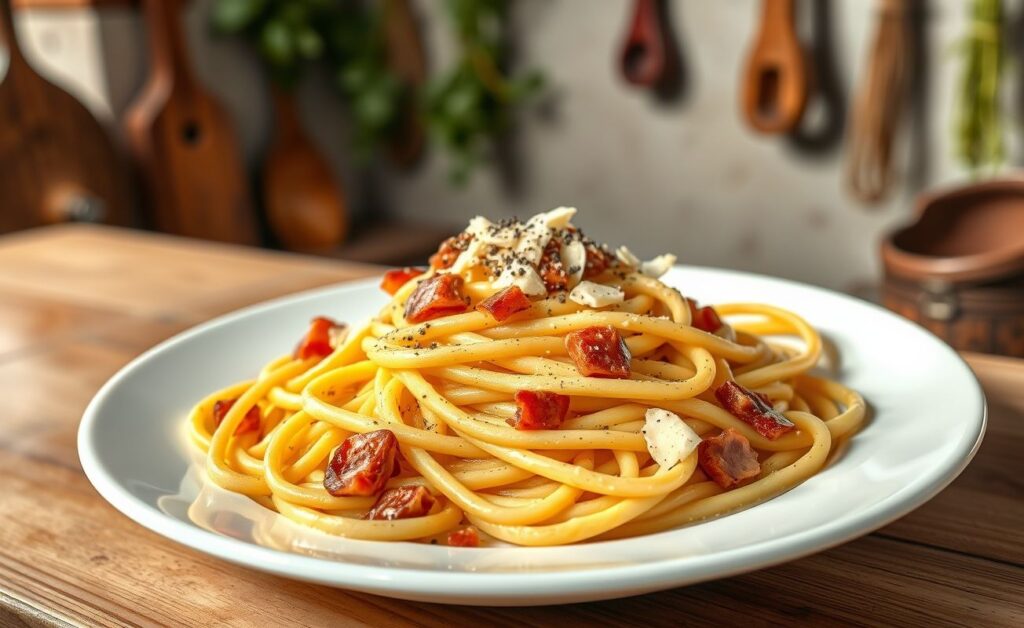 Espaguete à carbonara cremoso servido em prato branco com pedaços de pancetta crocante e queijo ralado por cima