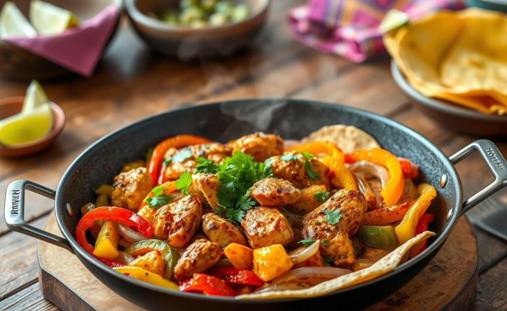 Fajitas de frango com pimentões coloridos e cebola servidas em frigideira quente, acompanhadas de tortillas de milho e decoradas com coentro fresco