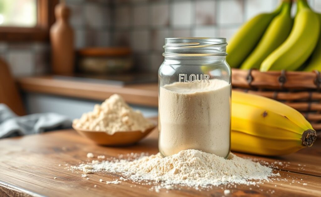 Farinha de banana verde (receitas diversas) caseira em pó fino dentro de um pote de vidro sobre mesa rústica