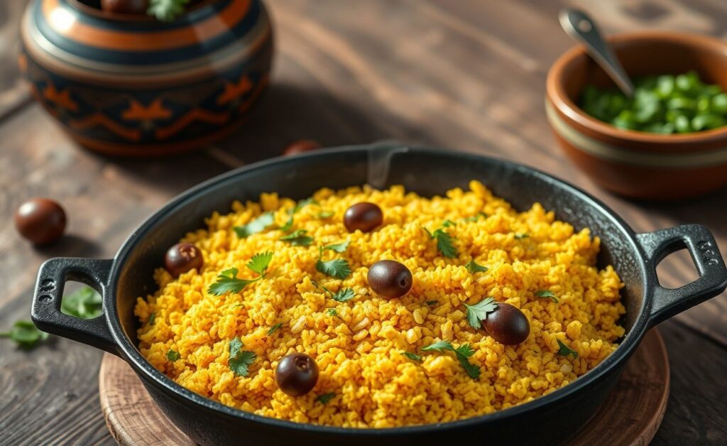 Farofa brasileira tradicional dourada em frigideira de ferro, com pedaços de azeitonas verdes e salsinha fresca, textura crocante e convidativa