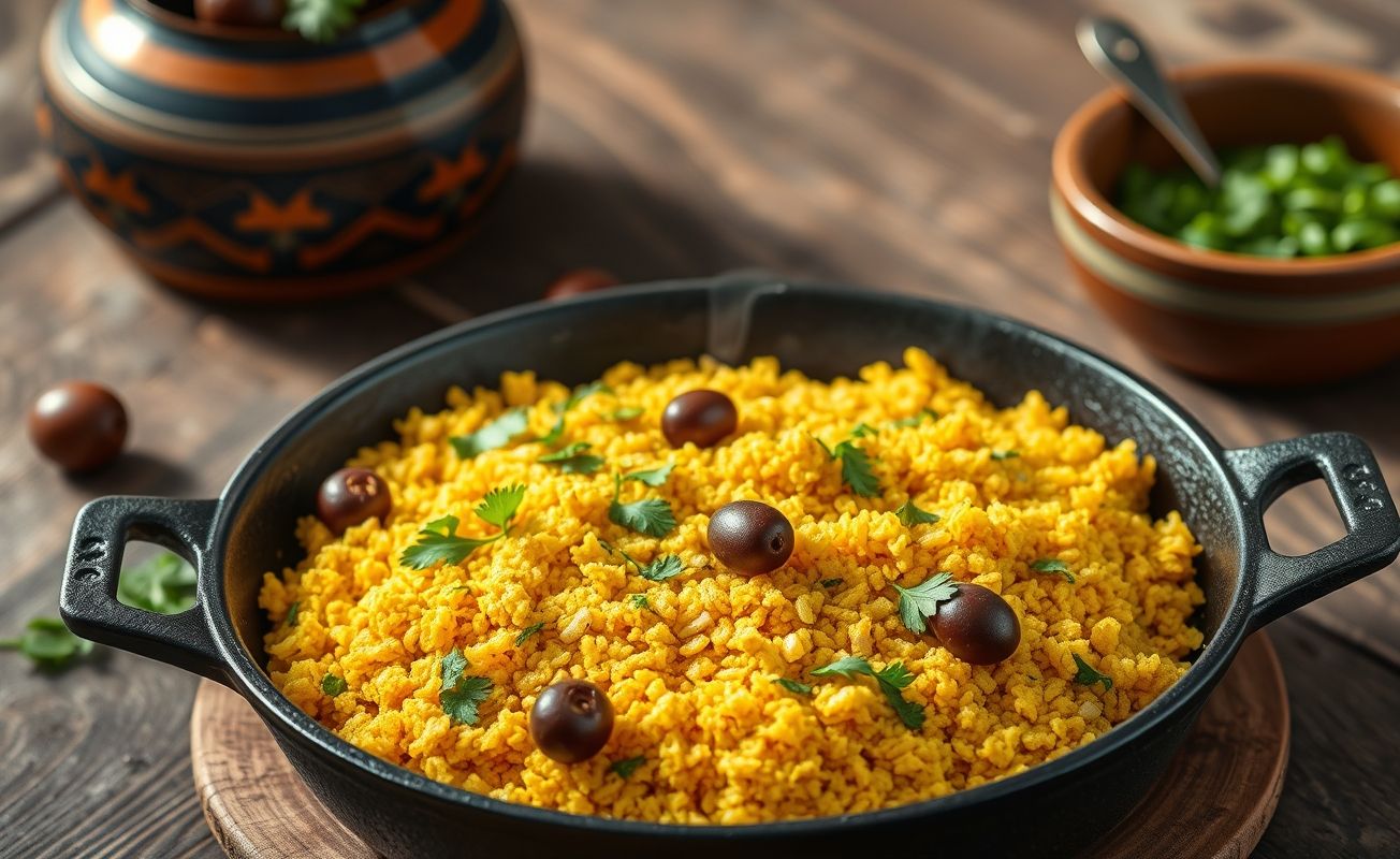 Farofa brasileira tradicional dourada em frigideira de ferro, com pedaços de azeitonas verdes e salsinha fresca, textura crocante e convidativa