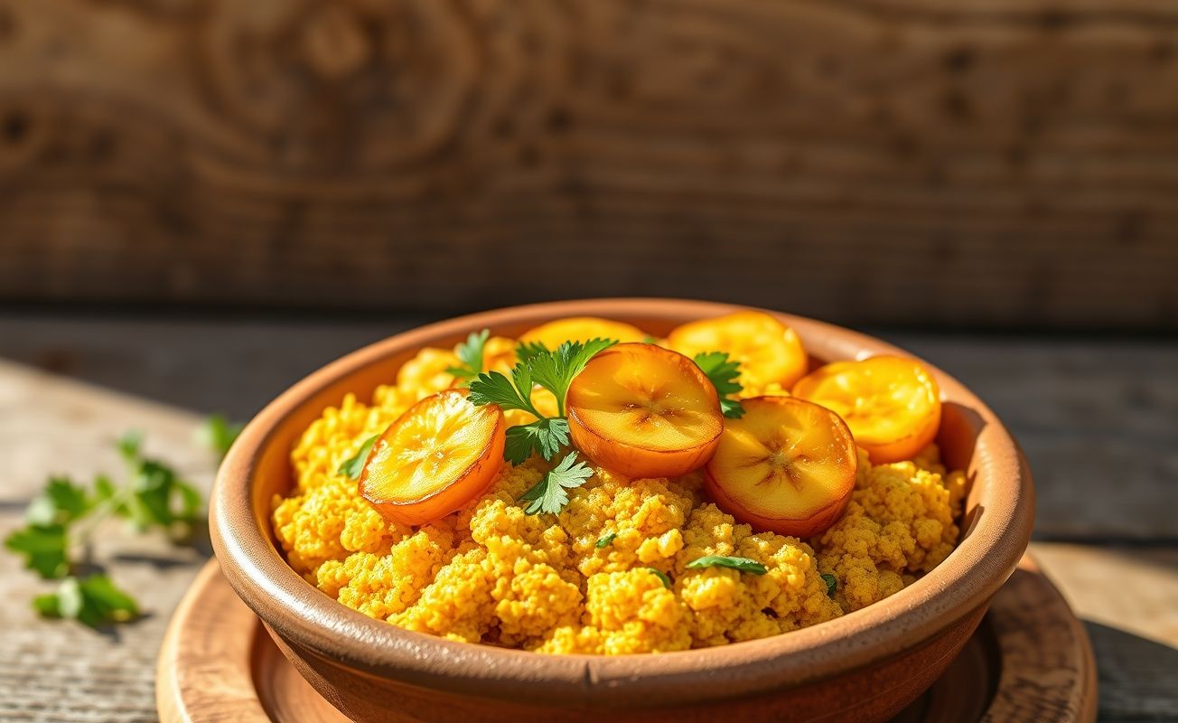 Farofa de banana tradicional brasileira em bowl de barro, com textura crocante e bananas caramelizadas visíveis, decorada com salsinha fresca