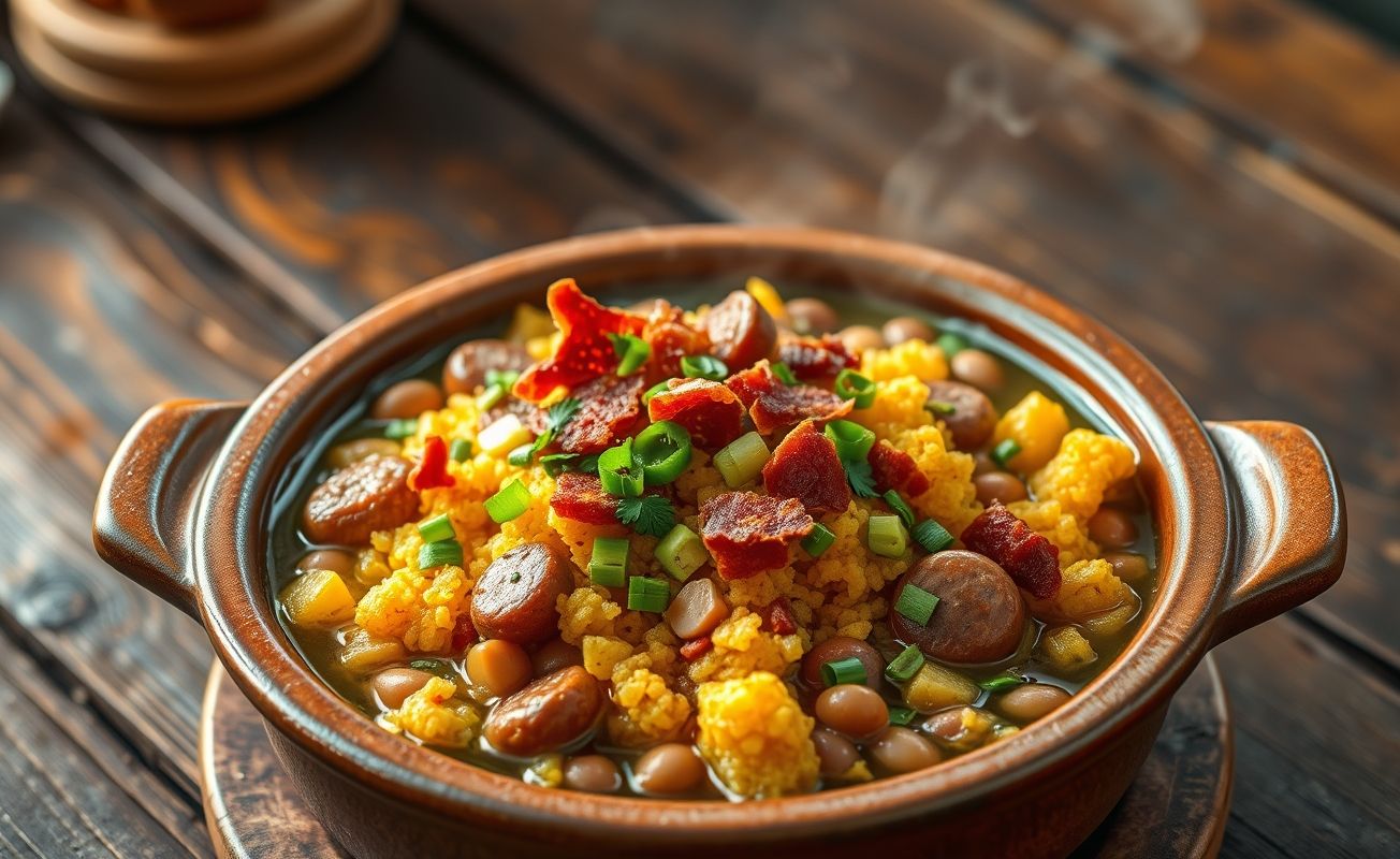 Feijão Tropeiro tradicional servido em panela de barro com farofa dourada, linguiça calabresa, bacon crocante e ervas frescas
