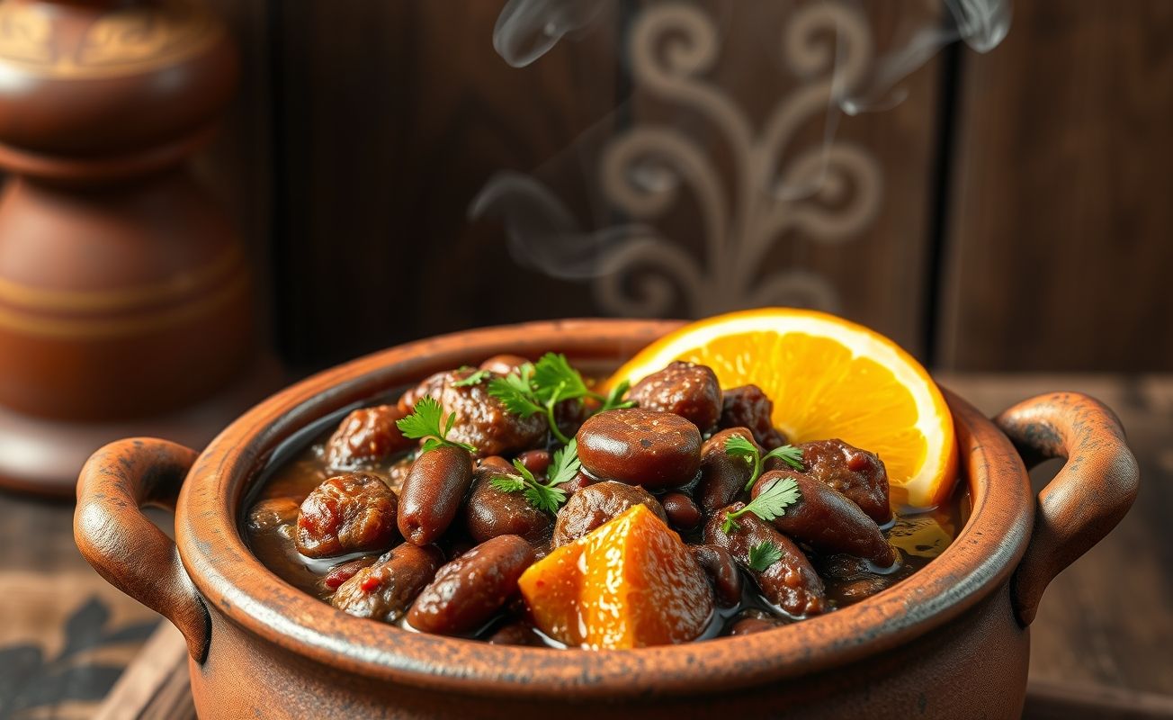 Panela de Feijoada tradicional brasileira com feijão preto cremoso, pedaços de carnes defumadas e linguiça, decorada com laranja e salsinha