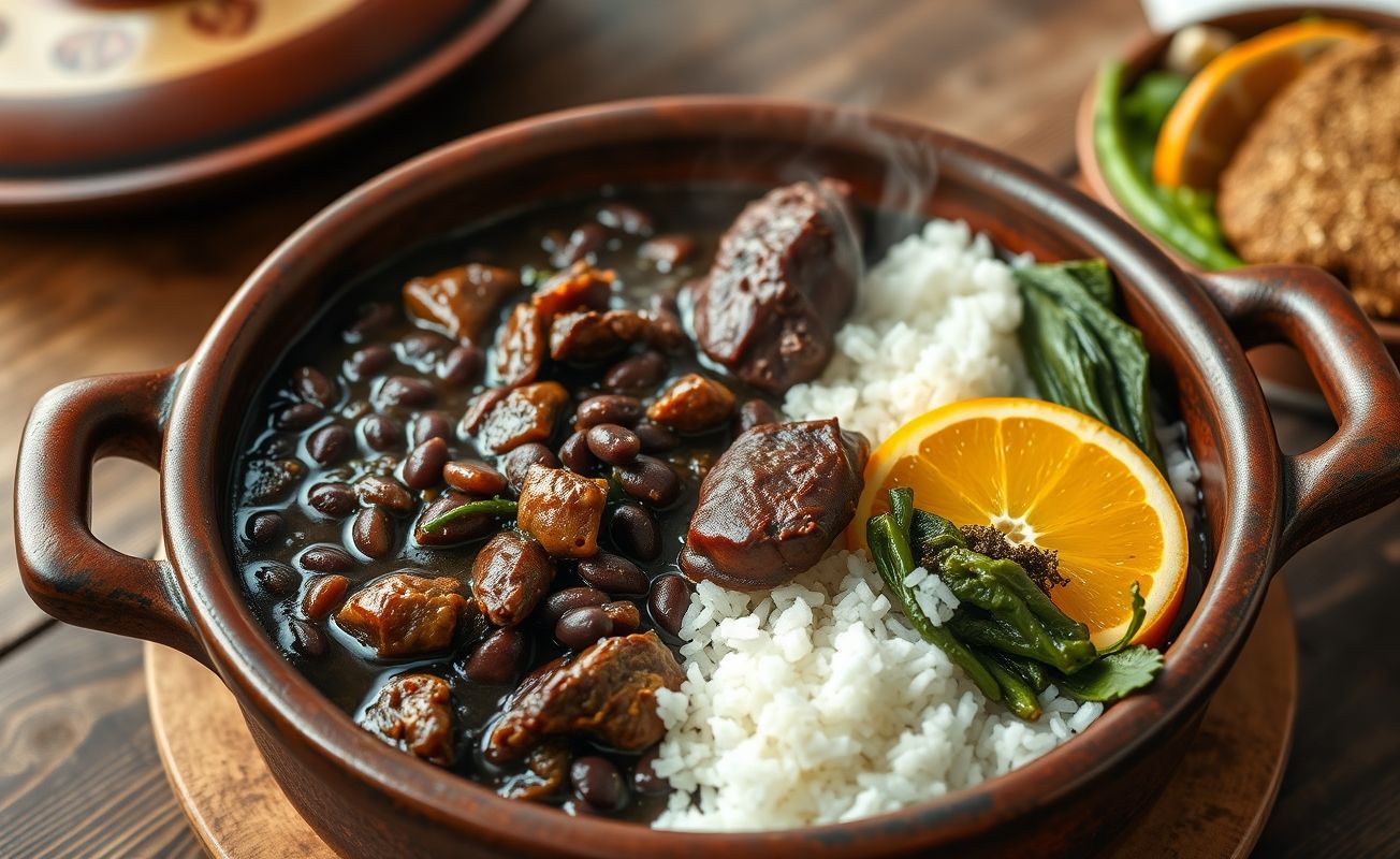 Panela de Feijoada brasileira com feijão preto, diversas carnes suínas, acompanhada de arroz, couve e laranja