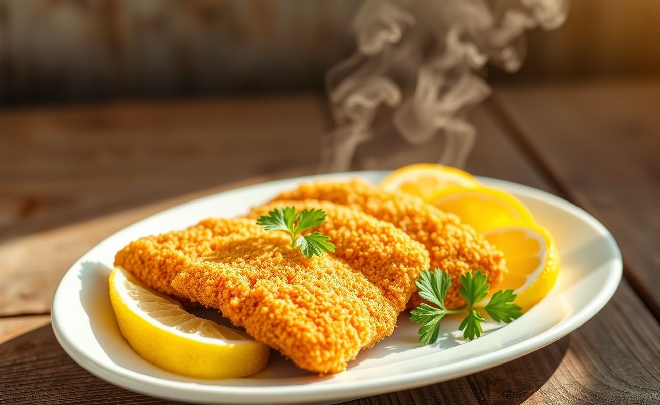 Filé de peixe à milanesa dourado e crocante servido com limão e salsa em prato branco