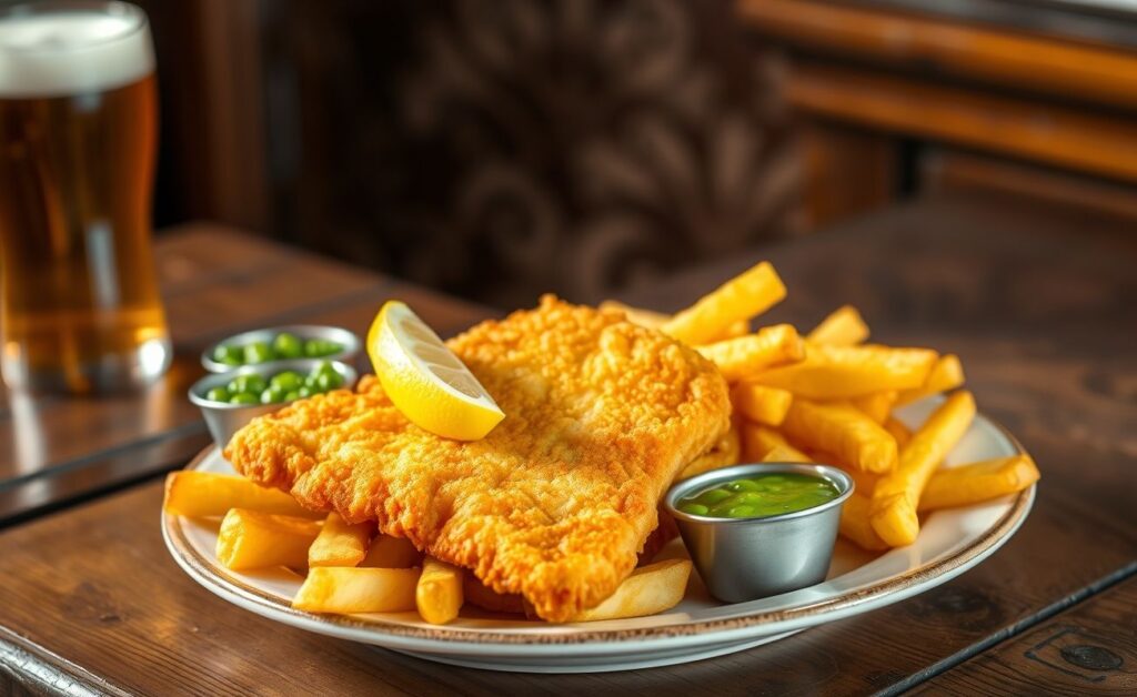 Fish and chips (peixe com batata frita) servido em prato branco: peixe empanado dourado com batatas fritas crocantes e limão ao lado