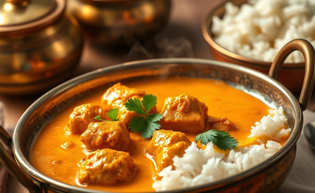 Frango Amanteigado (Butter Chicken) servido em tigela com molho cremoso alaranjado, decorado com coentro fresco e acompanhado de arroz basmati.