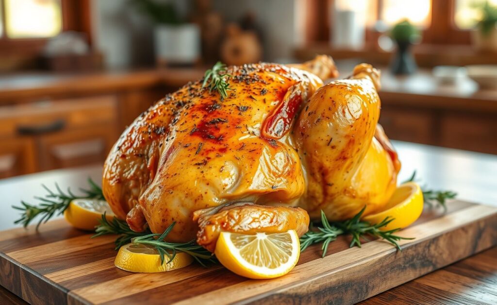 Frango assado inteiro com pele crocante dourada, decorado com alecrim e fatias de limão, pronto para servir em uma tábua de madeira rústica
