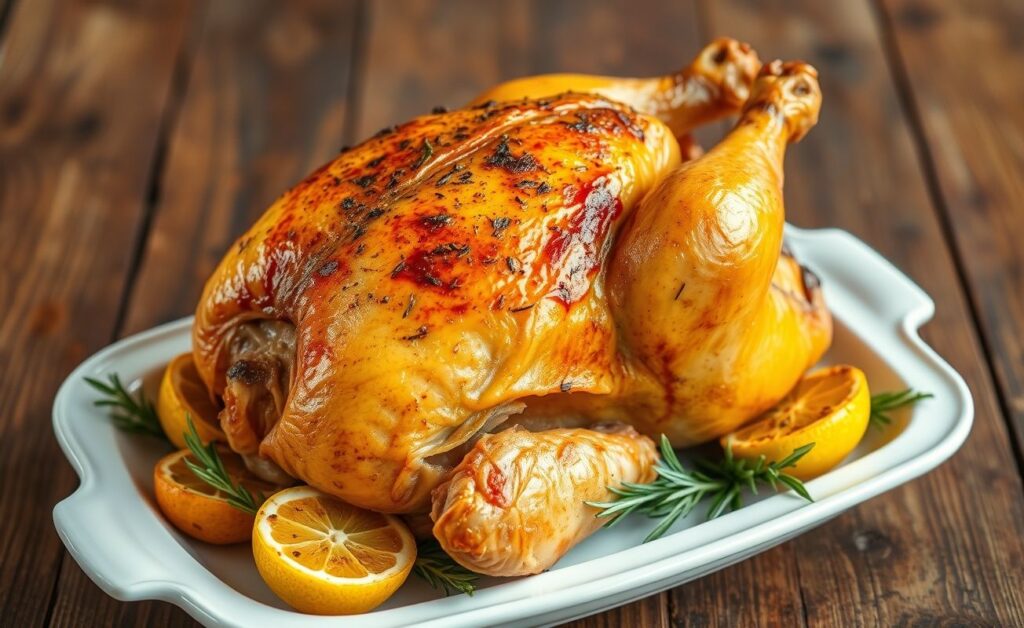 Frango Assado inteiro com pele crocante dourada em uma travessa branca, acompanhado de limões assados e ramos de alecrim fresco