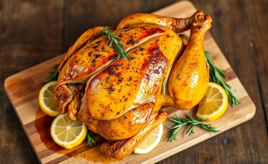 Frango Assado inteiro com pele crocante dourada, temperado com ervas e servido em tábua de madeira rústica