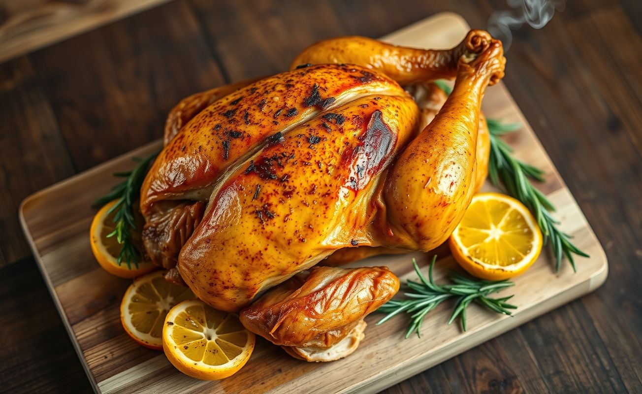 Frango assado dourado com pele crocante em tábua de madeira rústica, acompanhado de limões assados e alecrim fresco