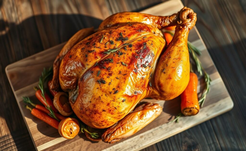 Frango Assado dourado com pele crocante sobre tábua de madeira, acompanhado de legumes assados, pronto para servir