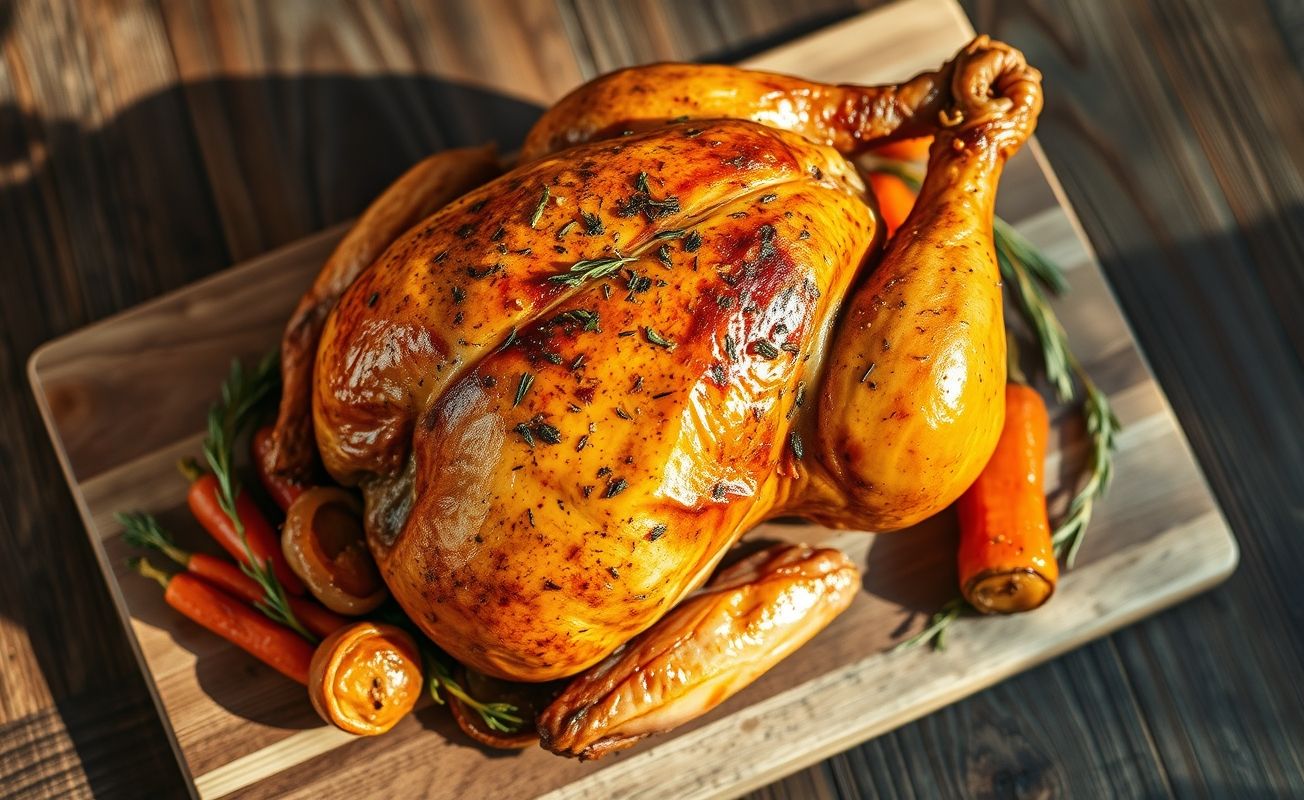 Frango Assado dourado com pele crocante sobre tábua de madeira, acompanhado de legumes assados, pronto para servir
