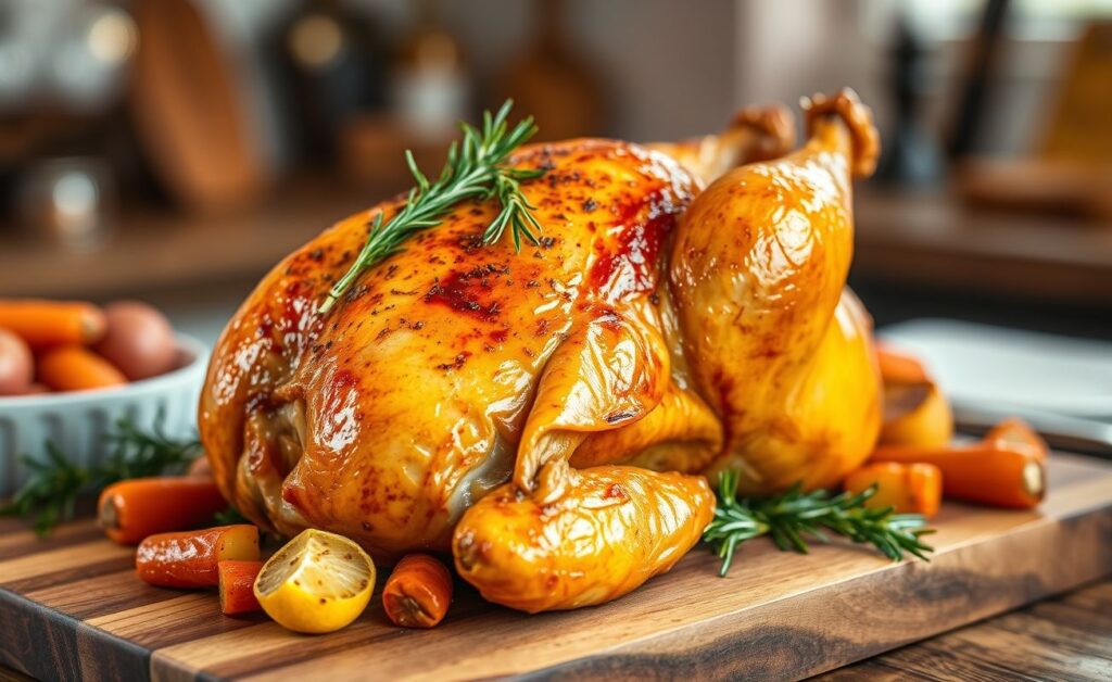 Frango assado dourado com pele crocante, servido em uma tábua de madeira rústica com legumes assados ao redor.