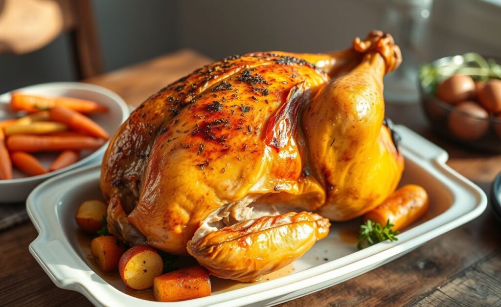 Frango assado inteiro com pele crocante e dourada, servido em uma travessa branca com legumes assados ao redor