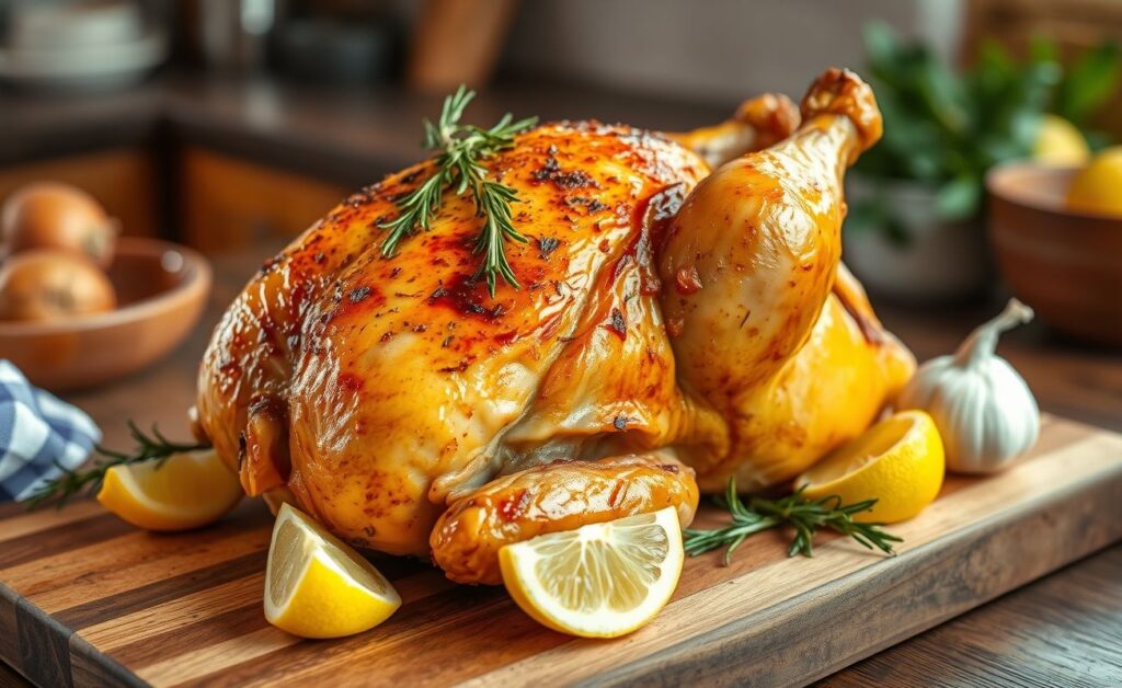 Frango assado inteiro com pele crocante e dourada, decorado com ervas frescas e limões, pronto para servir