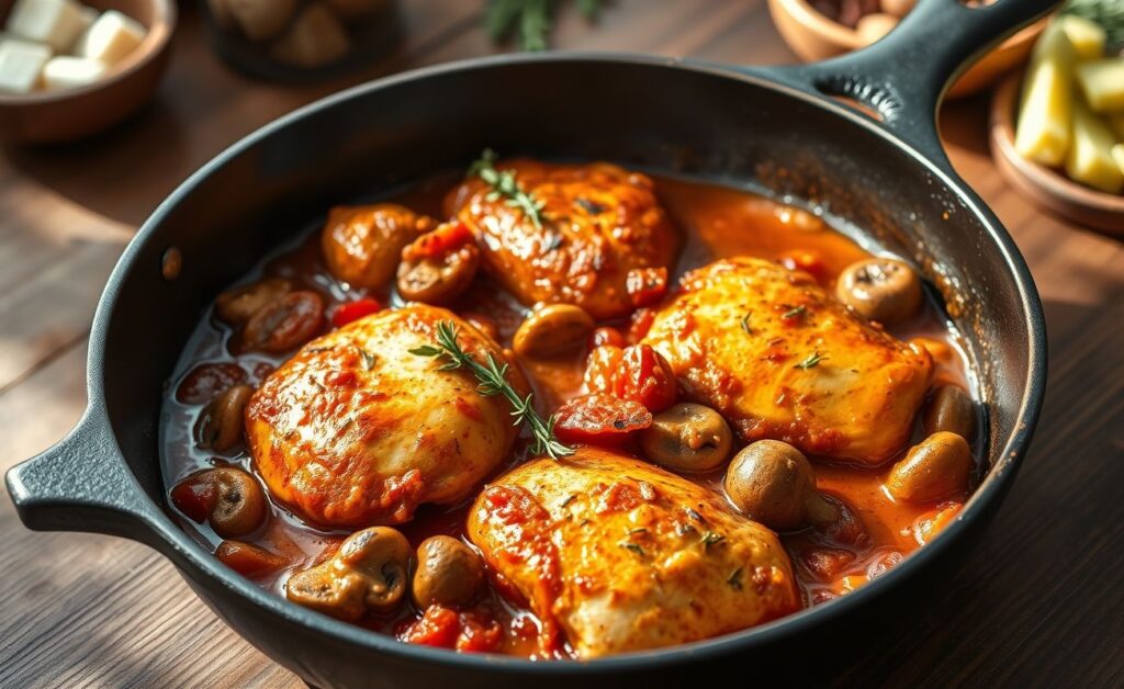 Frango à caçadora servido em panela de ferro com molho vermelho rico, cogumelos, pimentão e ervas frescas