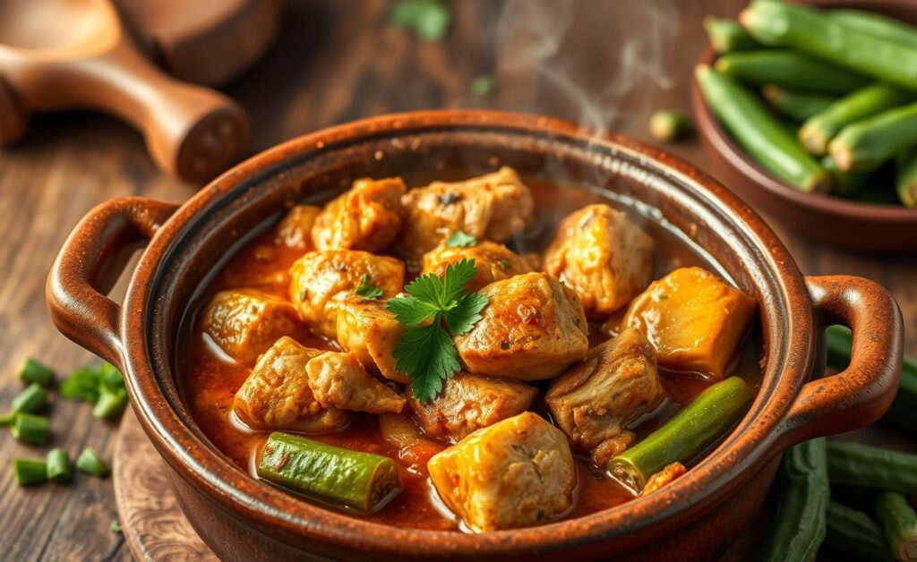 Prato de Frango com quiabo tradicional mineiro servido em panela de barro, com caldo encorpado, pedaços suculentos de frango e quiabos verdes frescos