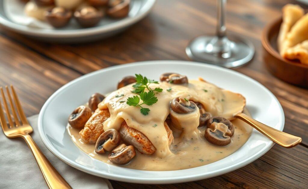 Frango À Coroação servido em prato branco com molho cremoso, cogumelos e decorado com salsinha fresca