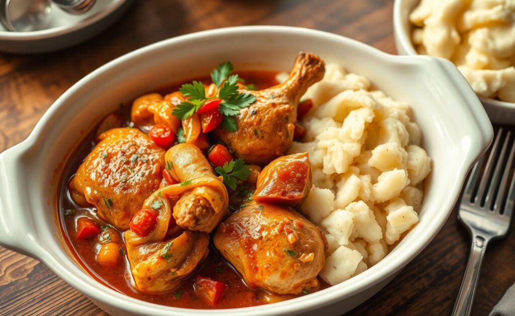 Frango de panela lenta servido em travessa branca, com pedaços dourados cobertos por molho espesso e acompanhado de legumes coloridos